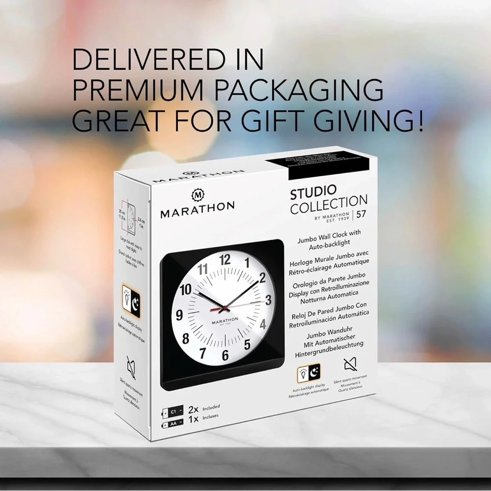 Marathon Analog Jumbo Black & White Wall Clock Silent Quartz Movement New in Box